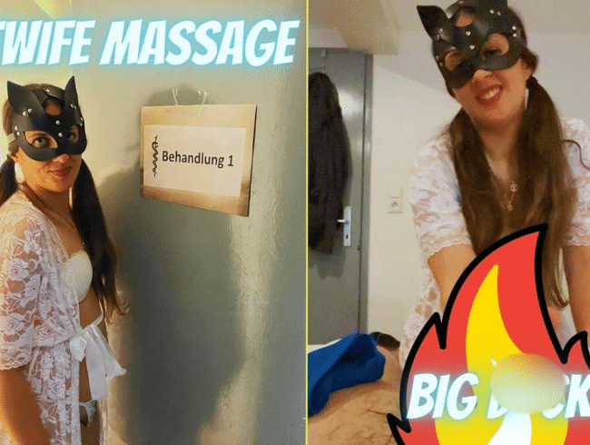 Hotwife gibt eine geile Massage mit Happy End während der Mann arbeiten ist